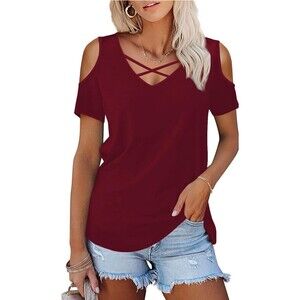 Amoretu Womens Summer Shirts V Neck Criss Cross Cold Shoulder Tops Blouse L